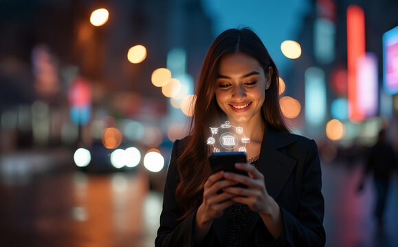 Smiling girl holding phone surrounded by online banking holograms in city. Mobile online banking concept