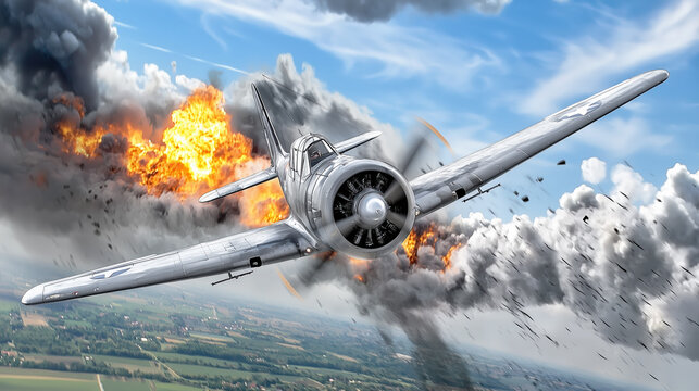 A WWII fighter plane soars away from a massive mid air explosion, trailing debris and smoke over farmland, capturing the urgency and chaos of aerial warfare.