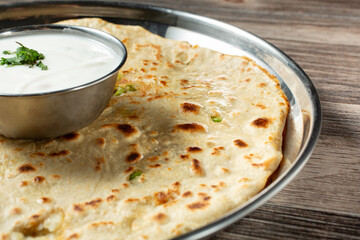 A closeup view of aloo paratha.