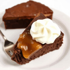 illustration A delicious slice of Sacher-Torte chocolate cake with apricot jam served with whipped cream. Austrian cake on a plate with a fork, black coffee. 