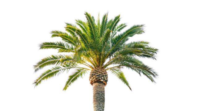 Palm Tree: A striking palm tree, its vibrant green fronds reaching towards the sky, offers a serene tropical vibe against a backdrop of sunlight.