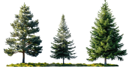 Evergreen Trio: A vibrant display of three towering evergreen trees stands in a row against a neutral backdrop, their textured branches reaching towards the sky.