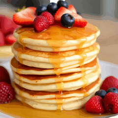 illustration of a stack of fluffy pancakes with maple syrup and fresh berries