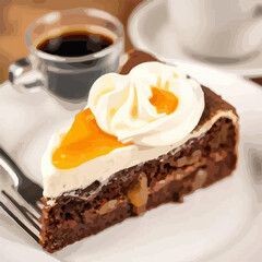 illustration A delicious slice of Sacher-Torte chocolate cake with apricot jam served with whipped cream. Austrian cake on a plate with a fork, black coffee. 