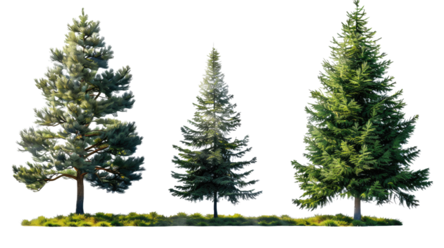 Evergreen Trio: A vibrant display of three towering evergreen trees stands in a row against a neutral backdrop, their textured branches reaching towards the sky.