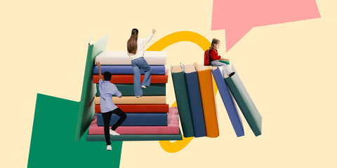 Conceptual artwork. Kids climbing stacked books like stairs, highlighting growth through reading and perseverance. Concept of education, library, study steps, childhood school memories.