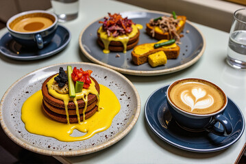 Gourmet Breakfast with Coffee and Savory Pancakes