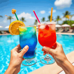 illustration toasts with colorful cocktails by the turquoise swimming pool on a sunny day. 