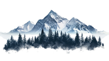 Obraz premium Majestic Peaks: A breathtaking view of towering, snow-capped mountains rising above a dense evergreen forest and the ethereal veil of the clouds below, rendered in a stylized, painterly fashion.