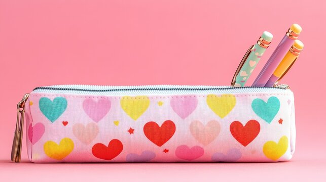 Colorful pencil case with heart patterns and pencils displayed together - Powered by Adobe