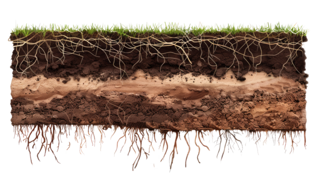 A Cross-Section of Earth: A detailed, close-up cross-section of earth reveals layers of soil, roots and grass, providing an informative glimpse of the subterranean world.