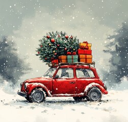 Red Car carrying Christmas Tree and Gift Boxes Hand Drawn Illustration for New Year Celebration