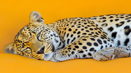 peaceful leopard resting on vibrant yellow background