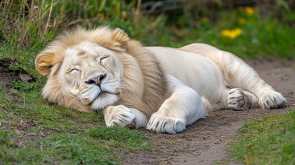 peaceful white lion resting on grass