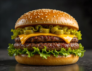 classic hamburger with melted cheese, layers visible tomato and pickles on sesame bun with black background