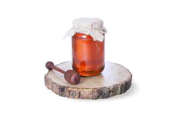 Organic Honey Jar with Wooden Honey Dipper on Rustic Wooden Board – Natural Wellness and Immunity Boosting 