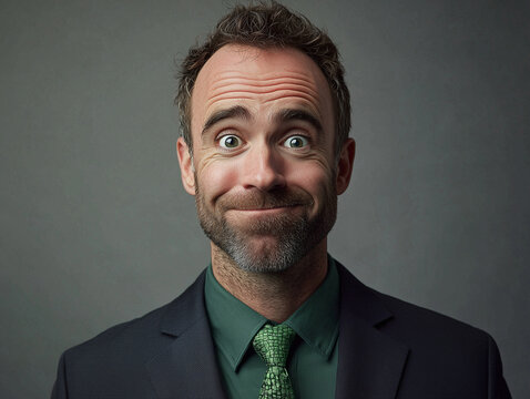 office employee in grey suit and green shirt smiling in a silly way