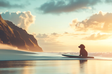 Silhouette of a Shih Tzu on a surfboard at sunset on a peaceful beach