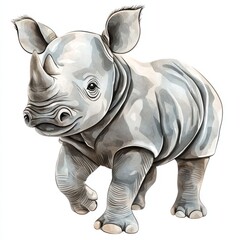 Obraz premium Adorable Baby Rhino Watercolor Illustration Wildlife Animal Portrait