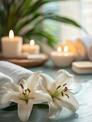 White Lily Blooms with Candles and Towels for Spa Wellness