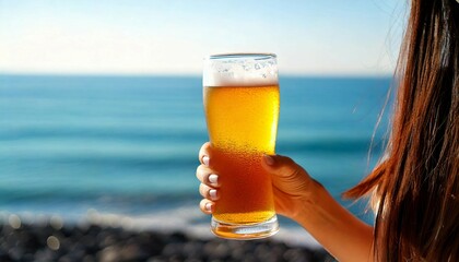 夏の海辺で生ビールを手に持つ女性　Generative AI