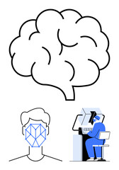 Abstract brain, facial recognition grid, and programmer at a computer exploring AI processes. Ideal for AI, neuroscience, biometrics, data analysis, programming technology innovation. Flat simple