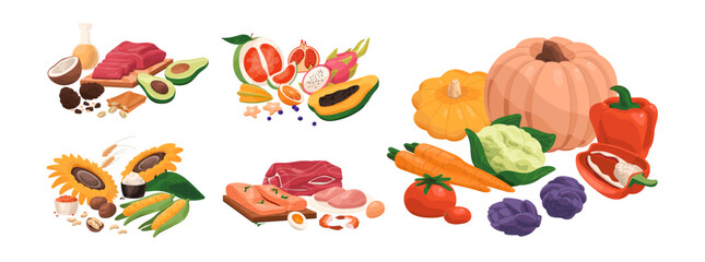 Obraz premium Set of healthy food. Groups of products are source of vitamins, fats, carbohydrates, protein. Organic eating: meat, vegetables, fish, fruit. Flat isolated vector illustrations on white background