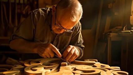 Master woodworker carves intricate design in workshop with natural light