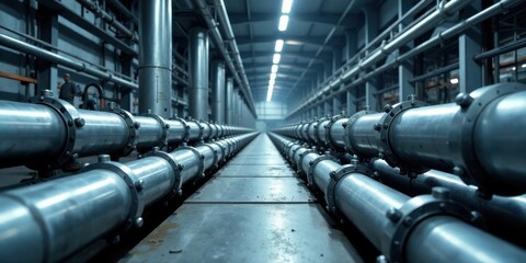 Industrial facility interior showcasing a network of metallic pipelines extending into the distance under bright illumination