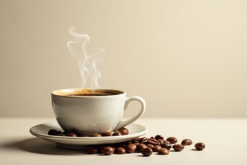 Obraz premium Aromatic Steam Rising from a Cup of Freshly Brewed Coffee Beans Resting on a Saucer