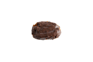 A top down view of a chocolate buttermilk donut.