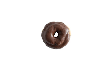 A top down view of a chocolate donut, against a white background.