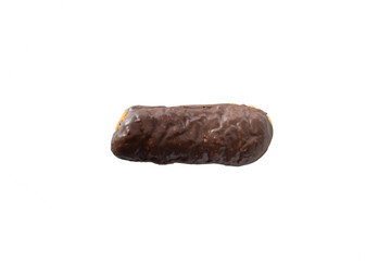 A top down view of a chocolate bar donut, against a white background.