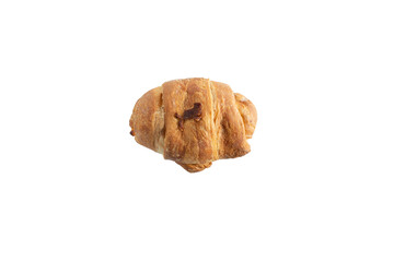 A top down view of a bacon egg croissant, against a white background.