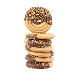 Stack of round shortbread cookies half covered with chocolate and almonds on white background.