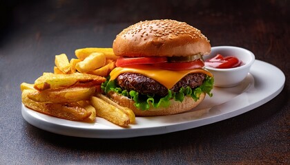 Cheeseburger, and hamburgers and fried potato with ketchud and mayonnaise on wooden table. Fast food concept.Generated image