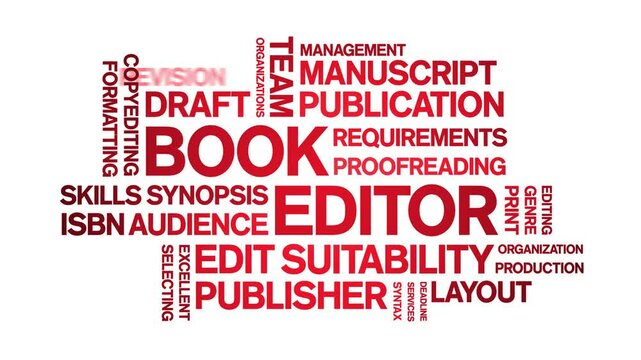 Book Editor animated word cloud;text design animation tag kinetic typography seamless loop.