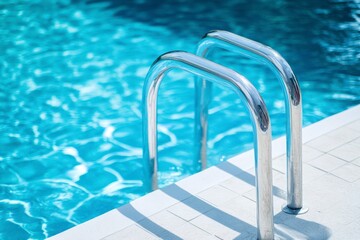 Swimming Pool Ladder with Clear Blue Water Relaxing Vacation Concept