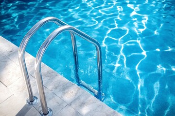 Swimming Pool Ladder with Clear Blue Water and Sunlight Reflections