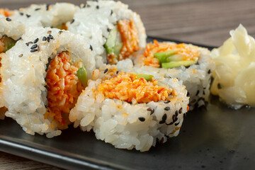 A closeup view of a spicy California roll. © DAVID