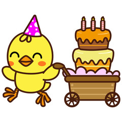 Cute chicks in birthday party. Animal cartoon