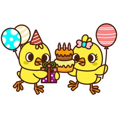 Fototapeta premium Cute chicks in birthday party. Animal cartoon