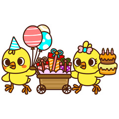 Naklejka premium Cute chicks in birthday party. Animal cartoon