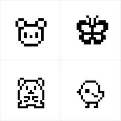Bear, butterfly, mouse, chicken icon in pixel. Vector illustration isolated in white background. Cute element for graphic design