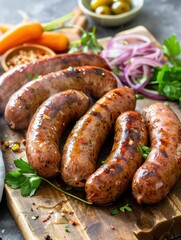 Grilled sausages served with fresh vegetables and herbs on wooden cutting board