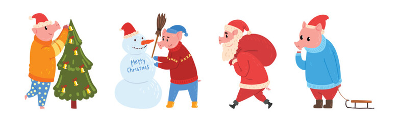 Funny Pig Character in Warm Clothing at Winter Holiday Vector Set