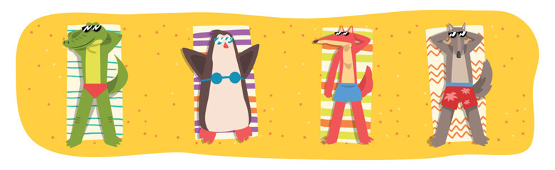 Wild Animal in Swimwear Sunbathing on the Beach Lying on Blanket Vector Set