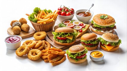 Fototapeta premium An abundance of fast food items including burgers fries donuts and various sauces on a white surface