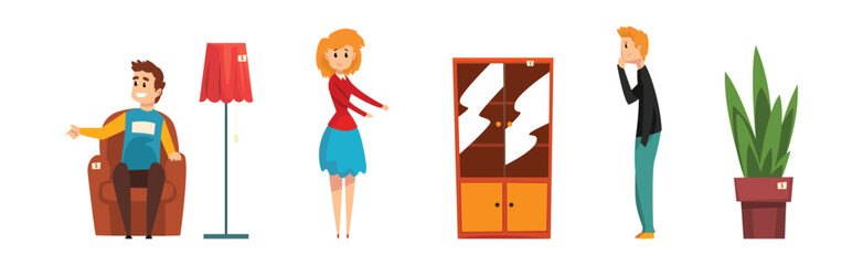 Garage Sale with Man and Woman Character Selling Stuff at Flea Market Vector Set