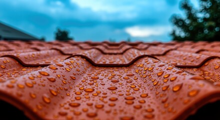 terracotta roof tiles covered with raindrops after rainfall on blurred green landscape. Wet clay roofing with water droplets reflecting light. Home improvement, roofing services, weather protection